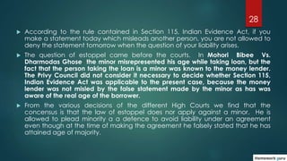 28
 According to the rule contained in Section 115, Indian Evidence Act, if you
make a statement today which misleads ano...