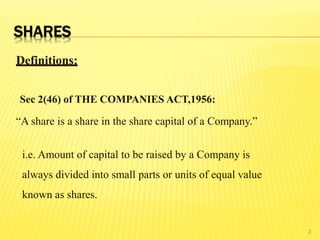 Definitions:
Sec 2(46) of THE COMPANIES ACT,1956:
“A share is a share in the share capital of a Company.”
i.e. Amount of capital to be raised by a Company is
always divided into small parts or units of equal value
known as shares.
SHARES
2
 