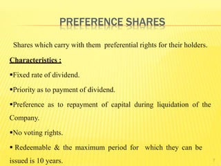 7
Shares which carry with them preferential rights for their holders.
Characteristics :
Fixed rate of dividend.
Priority as to payment of dividend.
Preference as to repayment of capital during liquidation of the
Company.
No voting rights.
 Redeemable & the maximum period for which they can be
issued is 10 years.
PREFERENCE SHARES
 