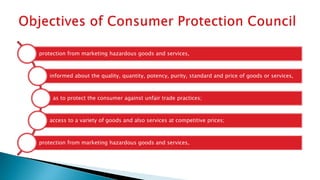 protection from marketing hazardous goods and services,
informed about the quality, quantity, potency, purity, standard and price of goods or services,
as to protect the consumer against unfair trade practices;
access to a variety of goods and also services at competitive prices;
protection from marketing hazardous goods and services,
 