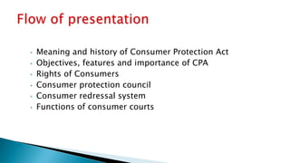 • Meaning and history of Consumer Protection Act
• Objectives, features and importance of CPA
• Rights of Consumers
• Consumer protection council
• Consumer redressal system
• Functions of consumer courts
 