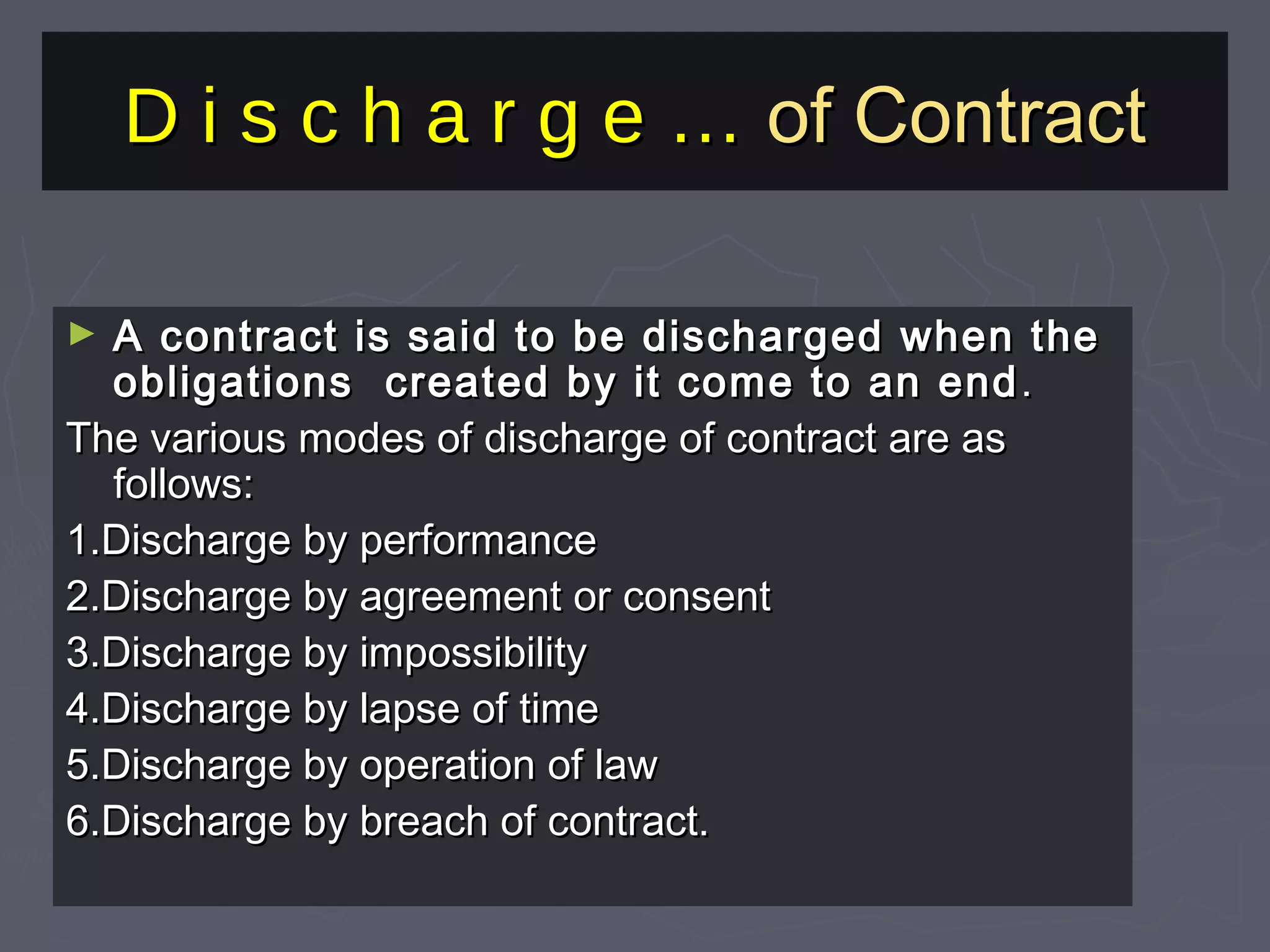 D i s c h a r g e …D i s c h a r g e … of Contractof Contract
► A contract is said to be discharged when theA contract is said to be discharged when the
obligations created by it come to an endobligations created by it come to an end ..
The various modes of discharge of contract are asThe various modes of discharge of contract are as
follows:follows:
1.Discharge by performance1.Discharge by performance
2.Discharge by agreement or consent2.Discharge by agreement or consent
3.Discharge by impossibility3.Discharge by impossibility
4.Discharge by lapse of time4.Discharge by lapse of time
5.Discharge by operation of law5.Discharge by operation of law
6.Discharge by breach of contract.6.Discharge by breach of contract.
 