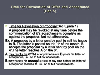 Time for Revocation of Offer and AcceptanceTime for Revocation of Offer and Acceptance
(Sec.5)(Sec.5)
► Time for Revocation of ProposalTime for Revocation of Proposal(Sec.5,para 1)(Sec.5,para 1)
A proposal may be revoked at any time before theA proposal may be revoked at any time before the
communication of itcommunication of it’’s acceptance is complete ass acceptance is complete as
against the proposer, but not afterwards.against the proposer, but not afterwards.
Ex. A proposes by a letter sent by post to sell his houseEx. A proposes by a letter sent by post to sell his house
to B. The letter is posted on the 1to B. The letter is posted on the 1stst
of the month. Bof the month. B
accepts the proposal by a letter sent by post on theaccepts the proposal by a letter sent by post on the
44thth
.The letter reaches A on the 6.The letter reaches A on the 6thth
..
AA may revoke hismay revoke his offeroffer at any time beforeat any time before BB posts his letter ofposts his letter of
acceptance, i.e., on 4acceptance, i.e., on 4thth
but not afterwards.but not afterwards.
BB may revoke hismay revoke his acceptanceacceptance at any time before the letter ofat any time before the letter of
acceptance reachesacceptance reaches AA, i.e., on 6, i.e., on 6thth
but not afterwards.but not afterwards.
 