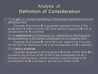 Analysis ofAnalysis of
Definition of ConsiderationDefinition of Consideration
► ((1)1) AnAn actact,, i.e., doing of something. In this sense consideration is in ani.e., doing of something. In this sense consideration is in an
affirmative formaffirmative form..
Example:Example: AA promisespromises BB to guarantee payment of price of theto guarantee payment of price of the
goods which B sells on credit togoods which B sells on credit to CC. Here selling of goods by. Here selling of goods by BB toto CC isis
consideration forconsideration for AA’’s promise.s promise.
(2)(2) AnAn abstinenceabstinence or forbearanceor forbearance, i.e., abstaining or refraining from, i.e., abstaining or refraining from
doing something. In this sense consideration is in a negative formdoing something. In this sense consideration is in a negative form..
Example :Example :AA promisespromises BB not to file a suit against him if he paysnot to file a suit against him if he pays
him Rs.500.The abstinence ofhim Rs.500.The abstinence of AA is the consideration foris the consideration for BB’’s payment.s payment.
(3)(3) AA return promisereturn promise ..
Example:Example: AA agrees to sell his horse toagrees to sell his horse to BB for Rs 10,000. Herefor Rs 10,000. Here BB’’ss
promise to pay the sum of Rs.10,000 is the consideration forpromise to pay the sum of Rs.10,000 is the consideration for AA ’’ss
promise to sell the horse, andpromise to sell the horse, and AA’’s promise to sell the horse is thes promise to sell the horse is the
consideration forconsideration for BB’’s promise to pay the sum of Rs.10,000.s promise to pay the sum of Rs.10,000.
 