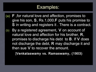 Examples:Examples:
(a)(a) FF ,for natural love and affection, promises to,for natural love and affection, promises to
give his son,give his son, SS, Rs.1,000., Rs.1,000.FF puts his promise toputs his promise to
SS in writing and registers it . There is a contract.in writing and registers it . There is a contract.
(b)(b) By a registered agreement,By a registered agreement, VV on account ofon account of
natural love and affection for his brother,natural love and affection for his brother, RR,,
promises to discharge his debt topromises to discharge his debt to BB. If. If VV doesdoes
not discharge the debt,not discharge the debt, RR may discharge it andmay discharge it and
then suethen sue VV to recover the amount.to recover the amount.
[[Venkataswamy vs. Ramaswamy, (1903)Venkataswamy vs. Ramaswamy, (1903)
 