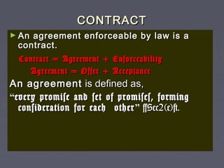 CONTRACTCONTRACT
► An agreement enforceable by law is aAn agreement enforceable by law is a
contract.contract.
Contract = Agreement + EnforceabilityContract = Agreement + Enforceability
Agreement = Offer + AcceptanceAgreement = Offer + Acceptance
An agreementAn agreement is defined as,is defined as,
““every promise and set of promises, formingevery promise and set of promises, forming
consideration for each otherconsideration for each other ”” [Sec2(e)].[Sec2(e)].
 
