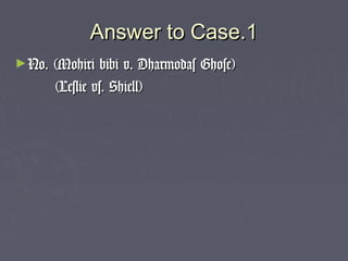 Answer to Case.1Answer to Case.1
►No. (Mohiri bibi v. Dharmodas Ghose)No. (Mohiri bibi v. Dharmodas Ghose)
(Leslie vs. Shiell)(Leslie vs. Shiell)
 