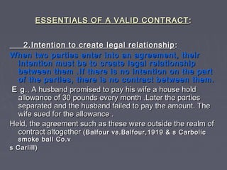 ESSENTIALS OF A VALID CONTRACTESSENTIALS OF A VALID CONTRACT ::
2.Intention to create legal relationship2.Intention to create legal relationship ::
When two parties enter into an agreement, theirWhen two parties enter into an agreement, their
intention must be to create legal relationshipintention must be to create legal relationship
between them .If there is no intention on the partbetween them .If there is no intention on the part
of the parties, there is no contract between them.of the parties, there is no contract between them.
E gE g., A husband promised to pay his wife a house hold., A husband promised to pay his wife a house hold
allowance of 30 pounds every month .Later the partiesallowance of 30 pounds every month .Later the parties
separated and the husband failed to pay the amount. Theseparated and the husband failed to pay the amount. The
wife sued for the allowance .wife sued for the allowance .
Held, the agreement such as these were outside the realm ofHeld, the agreement such as these were outside the realm of
contract altogethercontract altogether (Balfour vs.Balfour,1919 & s Carbolic(Balfour vs.Balfour,1919 & s Carbolic
smoke ball Co.vsmoke ball Co.v
s Carlill)s Carlill)
 