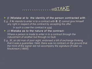 …………………………..MMIISSTTAAKKEE
► (I )Mistake at to the identity of the person contracted with(I )Mistake at to the identity of the person contracted with ::
E.g. ,IfE.g. ,If AA intends to enter in to a contract withintends to enter in to a contract with BB,, CC cannot give himselfcannot give himself
any right in respect of the contract by accepting the offer.any right in respect of the contract by accepting the offer.
In such a case the contract isIn such a case the contract is voidvoid..
► (ii)(ii) Mistake as to the nature of the contractMistake as to the nature of the contract ::
Where a person is made to enter in to a contract through theWhere a person is made to enter in to a contract through the
inducement of another but through no fault.inducement of another but through no fault.
E.g., M, an old man of poor sight, endorsed a bill of exchange thinkingE.g., M, an old man of poor sight, endorsed a bill of exchange thinking
that it was a guarantee. Held, there was no contract on the ground thatthat it was a guarantee. Held, there was no contract on the ground that
the mind of the signer did not accompany the signature [Foster vs.the mind of the signer did not accompany the signature [Foster vs.
Mackinson (1869)]Mackinson (1869)]
 