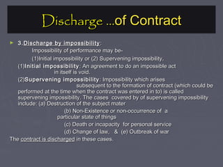 Discharge …Discharge …of Contractof Contract
► 3.3. Discharge by impossibilityDischarge by impossibility ::
Impossibility of performance may be-Impossibility of performance may be-
(1)Initial impossibility or (2) Supervening impossibility(1)Initial impossibility or (2) Supervening impossibility..
(1)(1)Initial impossibilityInitial impossibility : An agreement to do an impossible act: An agreement to do an impossible act
in itself is void.in itself is void.
(2)(2)Supervening impossibilitySupervening impossibility : Impossibility which arises: Impossibility which arises
subsequent to the formation of contract (which could besubsequent to the formation of contract (which could be
performed at the time when the contract was entered in to) is calledperformed at the time when the contract was entered in to) is called
supervening impossibility. The cases covered by of supervening impossibilitysupervening impossibility. The cases covered by of supervening impossibility
include: (a) Destruction of the subject materinclude: (a) Destruction of the subject mater
(b) Non-Existence or non-occurrence of a(b) Non-Existence or non-occurrence of a
particular state of thingsparticular state of things
(c) Death or incapacity for personal service(c) Death or incapacity for personal service
(d) Change of law, & (e) Outbreak of war(d) Change of law, & (e) Outbreak of war
TheThe contract is dischargedcontract is discharged in these cases.in these cases.
 
