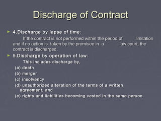 Discharge of ContractDischarge of Contract
► 4.Discharge by lapse of time4.Discharge by lapse of time ::
If the contract is not performed within the period ofIf the contract is not performed within the period of limitationlimitation
and if no action is taken by the promisee in aand if no action is taken by the promisee in a law court, thelaw court, the
contract is discharged.contract is discharged.
► 55..Discharge by operation of lawDischarge by operation of law ::
This includes discharge by,This includes discharge by,
(a) death(a) death
(b) merger(b) merger
(c) insolvency(c) insolvency
(d) unauthorized alteration of the terms of a written(d) unauthorized alteration of the terms of a written
agreement, andagreement, and
(e) rights and liabilities becoming vested in the same person.(e) rights and liabilities becoming vested in the same person.
 