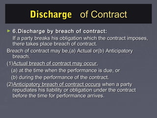 DischargeDischarge of Contractof Contract
► 6.Discharge by breach of contract:6.Discharge by breach of contract:
If a party breaks his obligation which the contract imposes,If a party breaks his obligation which the contract imposes,
there takes place breach of contract.there takes place breach of contract.
Breach of contract may be,(a) Actual or(b) AnticipatoryBreach of contract may be,(a) Actual or(b) Anticipatory
breach.breach.
(1)(1)Actual breach of contract may occurActual breach of contract may occur,,
(a) at the time when the performance is due, or(a) at the time when the performance is due, or
(b) during the performance of the contract.(b) during the performance of the contract.
(2)(2)Anticipatory breach of contract occursAnticipatory breach of contract occurs when a partywhen a party
repudiates his liability or obligation under the contractrepudiates his liability or obligation under the contract
before the time for performance arrives.before the time for performance arrives.
 