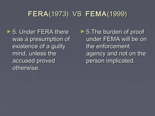 FERAFERA(1973) VS(1973) VS FEMAFEMA(1999)(1999)
► 5. Under FERA there5. Under FERA there
was a presumption ofwas a presumption of
existence of a guiltyexistence of a guilty
mind, unless themind, unless the
accused provedaccused proved
otherwise.otherwise.
► 5.The burden of proof5.The burden of proof
under FEMA will be onunder FEMA will be on
the enforcementthe enforcement
agency and not on theagency and not on the
person implicated.person implicated.
 