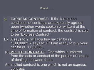 ContCont’’dd…………..
(i)(i) EXPRESS CONTRACTEXPRESS CONTRACT : If the terms and: If the terms and
conditions of contracts are expressly agreedconditions of contracts are expressly agreed
upon (whether words spoken or written) at theupon (whether words spoken or written) at the
time of formation of contract, the contract is saidtime of formation of contract, the contract is said
to beto be ‘‘Express ContractExpress Contract ’’..
Ex: X says to Y “will you buy my car for rs.Ex: X says to Y “will you buy my car for rs.
1,00,000?” Y says to X “ I am ready to buy your1,00,000?” Y says to X “ I am ready to buy your
car for rs. 1,00,000”.car for rs. 1,00,000”.
(ii)(ii) IMPLIED CONTRACTIMPLIED CONTRACT : One which is inferred: One which is inferred
from the acts or conduct of the parties or coursefrom the acts or conduct of the parties or course
of dealings between them.of dealings between them.
An implied contract is one which is not an expressAn implied contract is one which is not an express
contract.contract.
 