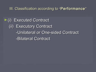 III. Classification according toIII. Classification according to ‘‘PerformancePerformance’’
►(i) Executed Contract(i) Executed Contract
(ii) Executory Contract(ii) Executory Contract
-Unilateral or One-sided Contract-Unilateral or One-sided Contract
-Bilateral Contract-Bilateral Contract
 