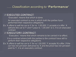 …….. Classification according to.. Classification according to ‘‘PerformancePerformance’’
(I)(I) EXECUTED CONTRACTEXECUTED CONTRACT ::
‘‘ExecutedExecuted’’ means that which is done.means that which is done.
An executed contract is one in which both the parties haveAn executed contract is one in which both the parties have
performed their respective obligations.performed their respective obligations.
Ex: X offers to sell his car to Y for rs. 1,00,000. Y accepts x’s offer. XEx: X offers to sell his car to Y for rs. 1,00,000. Y accepts x’s offer. X
delivers the car to Y and Y pays rs. 1,00,000 to x. It is an executeddelivers the car to Y and Y pays rs. 1,00,000 to x. It is an executed
contractcontract
(ii)(ii) EXECUTORY CONTRACTEXECUTORY CONTRACT ::
‘‘ExecutoryExecutory’’ means that which remains to be carried in to effect.means that which remains to be carried in to effect.
It is a contract where both the parties to the contract have still toIt is a contract where both the parties to the contract have still to
perform their respective obligations.perform their respective obligations.
Ex: X offers to sell his car to Y for rs.1,00,000. Y accepts X’s offer. If theEx: X offers to sell his car to Y for rs.1,00,000. Y accepts X’s offer. If the
car has not yet been delivered by X and the price has not yet beencar has not yet been delivered by X and the price has not yet been
paid by Y, it is an executory contract.paid by Y, it is an executory contract.
 