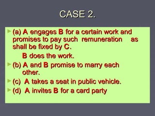 CASE 2.CASE 2.
►(a)(a) AA engagesengages BB for a certain work andfor a certain work and
promises to pay such remunerationpromises to pay such remuneration asas
shall be fixed byshall be fixed by CC..
BB does the work.does the work.
►(b)(b) AA andand BB promise to marry eachpromise to marry each
other.other.
►(c)(c) AA takes a seat in public vehicle.takes a seat in public vehicle.
►(d)(d) AA invitesinvites BB for a card partyfor a card party
 
