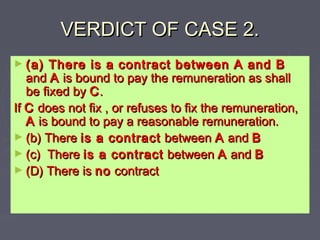 VERDICT OF CASE 2.VERDICT OF CASE 2.
► (a) There is a contract between A and B(a) There is a contract between A and B
andand AA is bound to pay the remuneration as shallis bound to pay the remuneration as shall
be fixed bybe fixed by CC..
IfIf CC does not fix , or refuses to fix the remuneration,does not fix , or refuses to fix the remuneration,
AA is bound to pay a reasonable remuneration.is bound to pay a reasonable remuneration.
► (b) There(b) There is a contractis a contract betweenbetween AA andand BB
► (c) There(c) There is a contractis a contract betweenbetween AA andand BB
► (D) There is(D) There is nono contractcontract
 