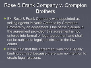 Rose & Frank Company v. CromptonRose & Frank Company v. Crompton
BrothersBrothers
► Ex: Rose & Frank Company was appointed asEx: Rose & Frank Company was appointed as
selling agents in North America by Cromptonselling agents in North America by Crompton
Brothers by an agreement. One of the clauses inBrothers by an agreement. One of the clauses in
the agreement provided” this agreement is notthe agreement provided” this agreement is not
entered into formal or legal agreement and shallentered into formal or legal agreement and shall
not be subject to legal jurisdiction in the lawnot be subject to legal jurisdiction in the law
courts”.courts”.
► It was held that this agreement was not a legallyIt was held that this agreement was not a legally
binding contract because there was no intention tobinding contract because there was no intention to
create legal relations.create legal relations.
 