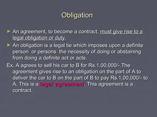 ObligationObligation
► An agreement, to become a contract,An agreement, to become a contract, must give rise to amust give...