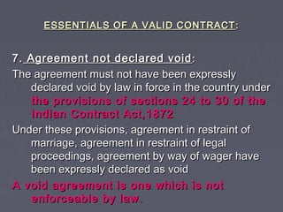 ESSENTIALS OF A VALID CONTRACTESSENTIALS OF A VALID CONTRACT ::
7.7. Agreement not declared voidAgreement not declared voi...
