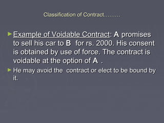 Classification of ContractClassification of Contract………………
►Example of Voidable ContractExample of Voidable Contract:: AA ...