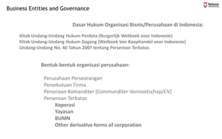 Business Entities and Governance
Dasar Hukum Organisasi Bisnis/Perusahaan di Indonesia:
Kitab Undang-Undang Hukum Perdata (Burgerlijk Wetboek voor Indonesie)
Kitab Undang-Undang Hukum Dagang (Wetboek Van Koophandel voor Indonesie)
Undang-Undang No. 40 Tahun 2007 tentang Perseroan Terbatas
Bentuk-bentuk organisasi perusahaan:
Perusahaan Perseorangan
Persekutuan Firma
Perseroan Komanditer (Commanditer Vennootschap/CV)
Perseroan Terbatas
Koperasi
Yayasan
BUMN
Other derivative forms of corporation
 