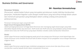 Business Entities and Governance
BH - Naamloze Vennootschaap
Perseroan Terbatas
(Perseroan), adalah badan hukum yang merupakan persekutuan modal, didirikan berdasarkan
perjanjian, melakukan kegiatan usaha dengan modal dasar yang seluruhnya terbagi dalam saham
dan memenuhi persyaratan yang ditetapkan dalam undang-undang serta peraturan
pelaksanaannya.
Perseroan mempunyai organ yang terdiri dari:
Rapat Umum Pemegang Saham (RUPS)
adalah pemegang kekuasaan tertinggi dalam Perseroan dan memegang segala kewenangan yang tidak
diserahkan kepada direksi atau komisaris. RUPS terdiri dari RUPS tahunan yang diadakan paling lambat 6 bulan
setelah tahun buku dan RUPS lainnya yang dapat diadakan sewaktu-waktu berdasarkan kebutuhan.
Direksi
adalah organ Perseroan yang bertanggung jawab penuh atas pengurusan Perseroan untuk kepentingan dan
tujuan Perseroan serta mewakili Perseroan baik di dalam maupun di luar pengadilan sesuai dengan ketentuan
anggaran dasar.
Komisaris
adalah organ Perseroan yang bertugas melakukan pengawasan secara umum dan atau khusus serta
memberikan nasehat kepada direksi dalam menjalankan Perseroan
 