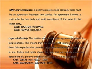 Offer and Acceptance: In order to create a valid contract, there must
be an agreement between two parties. An agreement involves a
valid offer by one party and valid acceptance of the same by the
other party.
    CASE: BOULTON (vs) JONES.
    CASE: HARVEY (vs) FACEY.


Legal relationship: The parties must intend their agreement to result in
legal relations. This means that the parties must intend that if one of
them falls to perform his promise, he shall be answerable for that failure
in law. Duties and rights should be legal and not merely moral. [an
agreement of a purely domestic or social nature is not a contract ]
    CASE: WEEKS (vs) TYBALD - 1905
    CASE: BALFOUR (vs) BALFOUR - 1919
 