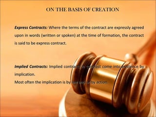 ON THE BASIS OF CREATION


Express Contracts: Where the terms of the contract are expressly agreed
upon in words (written or spoken) at the time of formation, the contract
is said to be express contract.




Implied Contracts: Implied contracts in contrast come into existence by
implication.
Most often the implication is by law and or by action.
 