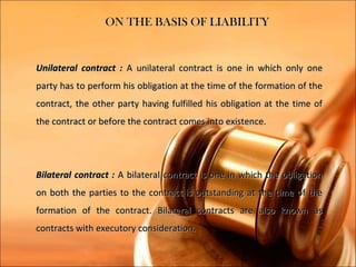 ON THE BASIS OF LIABILITY


Unilateral contract : A unilateral contract is one in which only one
party has to perform his obligation at the time of the formation of the
contract, the other party having fulfilled his obligation at the time of
the contract or before the contract comes into existence.




Bilateral contract : A bilateral contract is one in which the obligation
on both the parties to the contract is outstanding at the time of the
formation of the contract. Bilateral contracts are also known as
contracts with executory consideration.
 