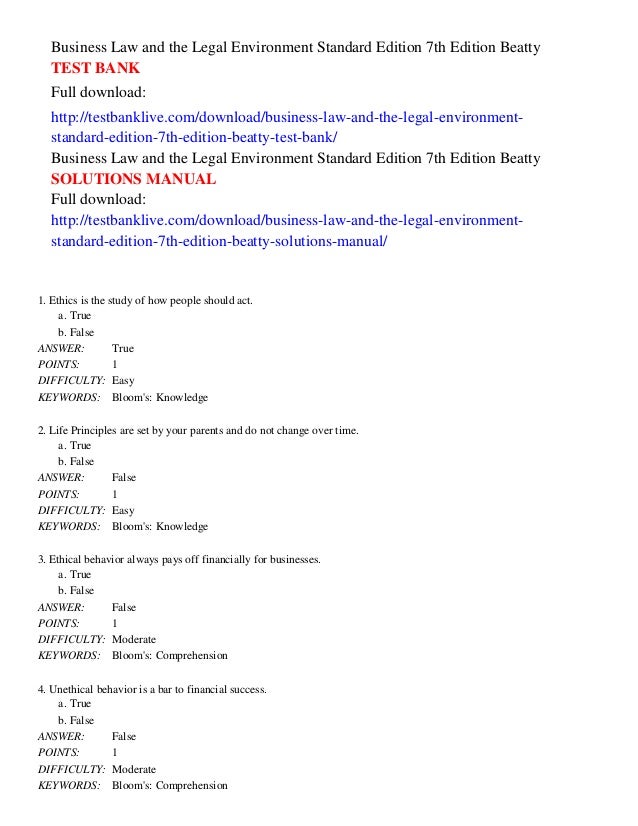 Business Law And The Legal Environment Standard Edition 7th Edition B