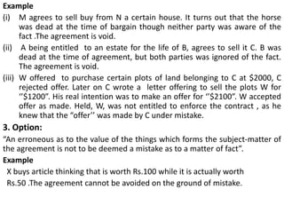 Example
(i) M agrees to sell buy from N a certain house. It turns out that the horse
was dead at the time of bargain though neither party was aware of the
fact .The agreement is void.
(ii) A being entitled to an estate for the life of B, agrees to sell it C. B was
dead at the time of agreement, but both parties was ignored of the fact.
The agreement is void.
(iii) W offered to purchase certain plots of land belonging to C at $2000, C
rejected offer. Later on C wrote a letter offering to sell the plots W for
‘’$1200”. His real intention was to make an offer for ‘’$2100”. W accepted
offer as made. Held, W, was not entitled to enforce the contract , as he
knew that the “offer’’ was made by C under mistake.
3. Option:
“An erroneous as to the value of the things which forms the subject-matter of
the agreement is not to be deemed a mistake as to a matter of fact”.
Example
X buys article thinking that is worth Rs.100 while it is actually worth
Rs.50 .The agreement cannot be avoided on the ground of mistake.
 