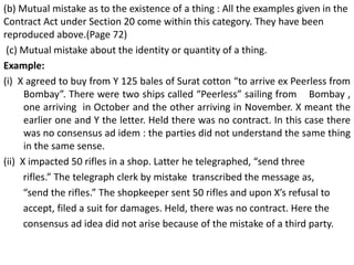 (b) Mutual mistake as to the existence of a thing : All the examples given in the
Contract Act under Section 20 come within this category. They have been
reproduced above.(Page 72)
(c) Mutual mistake about the identity or quantity of a thing.
Example:
(i) X agreed to buy from Y 125 bales of Surat cotton “to arrive ex Peerless from
Bombay”. There were two ships called “Peerless” sailing from Bombay ,
one arriving in October and the other arriving in November. X meant the
earlier one and Y the letter. Held there was no contract. In this case there
was no consensus ad idem : the parties did not understand the same thing
in the same sense.
(ii) X impacted 50 rifles in a shop. Latter he telegraphed, “send three
rifles.” The telegraph clerk by mistake transcribed the message as,
“send the rifles.” The shopkeeper sent 50 rifles and upon X’s refusal to
accept, filed a suit for damages. Held, there was no contract. Here the
consensus ad idea did not arise because of the mistake of a third party.
 