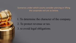 Scenarios under which courts consider piercing or lifting
the corporate veil are as below.
1. To determine the character o...