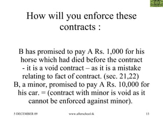 How will you enforce these contracts :  B has promised to pay A Rs. 1,000 for his horse which had died before the contract - it is a void contract – as it is a mistake relating to fact of contract. (sec. 21,22)  B, a minor, promised to pay A Rs. 10,000 for his car. = (contract with minor is void as it cannot be enforced against minor).  