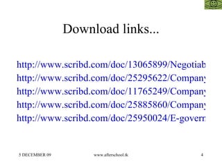 Download links... http://www.scribd.com/doc/13065899/Negotiable-Instruments-Act http://www.scribd.com/doc/25295622/Company-Law-in-India http://www.scribd.com/doc/11765249/Company-Law-and-Practice http://www.scribd.com/doc/25885860/Company-Meetings-Under-Company-Law-in-India http://www.scribd.com/doc/25950024/E-governance-of-Companies-Law 
