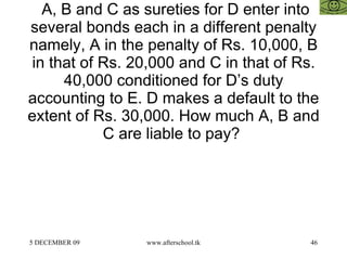   A, B and C as sureties for D enter into several bonds each in a different penalty namely, A in the penalty of Rs. 10,000, B in that of Rs. 20,000 and C in that of Rs. 40,000 conditioned for D’s duty accounting to E. D makes a default to the extent of Rs. 30,000. How much A, B and C are liable to pay?  