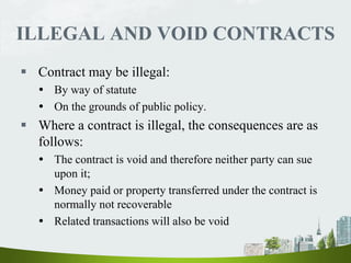ILLEGAL AND VOID CONTRACTS
 Contract may be illegal:
 By way of statute
 On the grounds of public policy.
 Where a contract is illegal, the consequences are as
follows:
 The contract is void and therefore neither party can sue
upon it;
 Money paid or property transferred under the contract is
normally not recoverable
 Related transactions will also be void
 