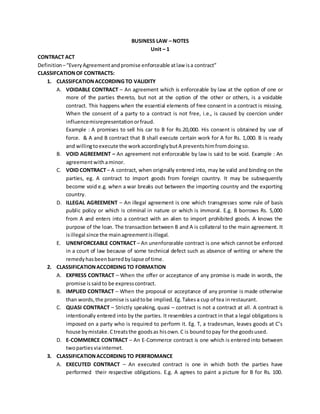BUSINESS LAW – NOTES
Unit – 1
CONTRACT ACT
Definition –“EveryAgreementandpromise enforceable atlaw isa contract”
CLASSIFCATIONOF CONTRACTS:
1. CLASSIFCATIONACCORDING TO VALIDITY
A. VOIDABLE CONTRACT – An agreement which is enforceable by law at the option of one or
more of the parties thereto, but not at the option of the other or others, is a voidable
contract. This happens when the essential elements of free consent in a contract is missing.
When the consent of a party to a contract is not free, i.e., is caused by coercion under
influencemisrepresentationorfraud.
Example : A promises to sell his car to B for Rs.20,000. His consent is obtained by use of
force. & A and B contract that B shall execute certain work for A for Rs. 1,000. B is ready
and willingtoexecute the workaccordinglybutA preventshimfromdoingso.
B. VOID AGREEMENT – An agreement not enforceable by law is said to be void. Example : An
agreementwithaminor.
C. VOID CONTRACT – A contract, when originally entered into, may be valid and binding on the
parties, eg. A contract to import goods from foreign country. It may be subsequently
become void e.g. when a war breaks out between the importing country and the exporting
country.
D. ILLEGAL AGREEMENT – An illegal agreement is one which transgresses some rule of basis
public policy or which is criminal in nature or which is immoral. E.g. B borrows Rs. 5,000
from A and enters into a contract with an alien to import prohibited goods. A knows the
purpose of the loan. The transaction between B and A is collateral to the main agreement. It
isillegal since the mainagreementisillegal.
E. UNENFORCEABLE CONTRACT – An unenforceable contract is one which cannot be enforced
in a court of law because of some technical defect such as absence of writing or where the
remedyhasbeenbarredbylapse of time.
2. CLASSIFICATIONACCORDING TO FORMATION
A. EXPRESS CONTRACT – When the offer or acceptance of any promise is made in words, the
promise issaidto be expresscontract.
B. IMPLIED CONTRACT – When the proposal or acceptance of any promise is made otherwise
than words,the promise issaidtobe implied.Eg.Takesa cup of tea inrestaurant.
C. QUASI CONTRACT – Strictly speaking, quasi – contract is not a contract at all. A contract is
intentionally entered into by the parties. It resembles a contract in that a legal obligations is
imposed on a party who is required to perform it. Eg. T, a tradesman, leaves goods at C’s
house bymistake.Ctreatsthe goodsas hisown.C is boundtopay for the goodsused.
D. E-COMMERCE CONTRACT – An E-Commerce contract is one which is entered into between
twopartiesviainternet.
3. CLASSIFICATIONACCORDING TO PERFROMANCE
A. EXECUTED CONTRACT – An executed contract is one in which both the parties have
performed their respective obligations. E.g. A agrees to paint a picture for B for Rs. 100.
 