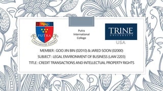 MEMBER : GOO JIN BIN (02010) & JARED SOON (02000)
SUBJECT : LEGAL ENVIRONMENT OF BUSINESS (LAW 2203)
TITLE : CREDIT TRANSACTIONS AND INTELLECTUAL PROPERTY RIGHTS
Putra
International
College
 