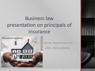 Business law
presentation on principals of
insurance
Name: Ajay-kumar G.S
USN: 4BD11MBA02
 