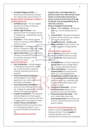 5
© 2025 Jayanti Rajdevendra Pande | ProNotesJRP. For educational purposes only. Unauthorized use or misuse is not the creator’s responsibility.
5. Charitable Pledges and Gifts – A
donation promise becomes binding if
the recipient takes action based on it.
Situations When Consideration or Object is
Unlawful (Section 23)
1. Forbidden by Law – If an act is legally
banned, the contract is void (e.g.,
selling illegal drugs).
2. Defeats Legal Provisions – Any
agreement that tries to bypass the law
is unlawful (e.g., using fake documents
to avoid taxes).
3. Fraudulent – If the contract involves
fraud, it is void (e.g., selling a defective
product as new).
4. Causes Injury – A contract that harms a
person or property is illegal (e.g., hiring
someone to destroy another’s car).
5. Against Public Policy – If an agreement
promotes corruption or immoral acts,
it is void (e.g., paying for false
testimony in court).
Kinds of Consideration
1. Past Consideration – Something given
or done before the promise is made,
e.g., A helps B without expecting
anything, and later B promises to
reward A.
2. Present (Executed) Consideration –
Something given at the time of
agreement, e.g., A sells a phone to B,
and B pays immediately.
3. Future (Executory) Consideration – A
promise to do something in the future,
e.g., A agrees to supply goods to B next
month, and B agrees to pay later.
4. Unlawful Consideration – Consideration
involving illegal acts or those against
public policy, e.g., A contracts with B to
smuggle goods in exchange for money.
5. Unreal or Illusory Consideration –
Consideration that has no actual value
or is impossible to perform, e.g., A
promises B ₹10,000 if B touches the
sky.
Capacity of Parties to Contract
Capacity refers to the legal ability of a
person to enter into a valid contract. As per
Section 11 of the Indian Contract Act, a
person must be of sound mind, of the age
of majority, and not disqualified by law to
enter into a contract.
Persons Incapable of Contracting:
 Minors – Below 18 years; contracts are
void, e.g., a minor taking a loan isn’t
liable.
 Unsound Mind – Mentally incompetent
persons cannot contract, e.g., a person
with severe schizophrenia.
 Disqualified by Law – Convicts, war
aliens, insolvents cannot contract, e.g.,
a bankrupt person selling property.
Rules for a Minor’s Agreement
A minor (below 18 years, or 21 if under
guardianship) cannot enter into a valid
contract under the Indian Majority Act,
1875.
1. Void Agreement – A minor’s contract is
void ab initio and has no legal effect,
e.g., a 16-year-old selling a bicycle.
2. Minor as Beneficiary – A minor can
receive benefits but cannot be held
liable, e.g., receiving gifted land.
3. No Ratification on Majority (Sec 68) – A
minor cannot confirm a void contract
after turning 18, e.g., repaying a past
loan isn’t enforceable unless a new
contract is made.
4. Cannot Be a Shareholder – A minor
cannot buy shares directly, but a
guardian can do so on their behalf.
5. Parents/Guardians Not Liable – They
aren’t responsible unless they
personally guarantee the contract, e.g.,
a minor’s unauthorized loan isn’t their
parent’s liability.
Persons of Unsound Mind (Section 12)
A person must be of sound mind while
making a contract. Those incapable of
understanding the nature and
consequences of a contract are considered
 