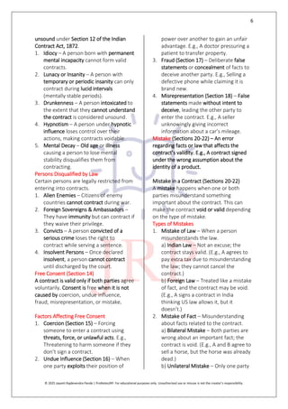 6
© 2025 Jayanti Rajdevendra Pande | ProNotesJRP. For educational purposes only. Unauthorized use or misuse is not the creator’s responsibility.
unsound under Section 12 of the Indian
Contract Act, 1872.
1. Idiocy – A person born with permanent
mental incapacity cannot form valid
contracts.
2. Lunacy or Insanity – A person with
temporary or periodic insanity can only
contract during lucid intervals
(mentally stable periods).
3. Drunkenness – A person intoxicated to
the extent that they cannot understand
the contract is considered unsound.
4. Hypnotism – A person under hypnotic
influence loses control over their
actions, making contracts voidable.
5. Mental Decay – Old age or illness
causing a person to lose mental
stability disqualifies them from
contracting.
Persons Disqualified by Law
Certain persons are legally restricted from
entering into contracts.
1. Alien Enemies – Citizens of enemy
countries cannot contract during war.
2. Foreign Sovereigns & Ambassadors –
They have immunity but can contract if
they waive their privilege.
3. Convicts – A person convicted of a
serious crime loses the right to
contract while serving a sentence.
4. Insolvent Persons – Once declared
insolvent, a person cannot contract
until discharged by the court.
Free Consent (Section 14)
A contract is valid only if both parties agree
voluntarily. Consent is free when it is not
caused by coercion, undue influence,
fraud, misrepresentation, or mistake.
Factors Affecting Free Consent
1. Coercion (Section 15) – Forcing
someone to enter a contract using
threats, force, or unlawful acts. E.g.,
Threatening to harm someone if they
don’t sign a contract.
2. Undue Influence (Section 16) – When
one party exploits their position of
power over another to gain an unfair
advantage. E.g., A doctor pressuring a
patient to transfer property.
3. Fraud (Section 17) – Deliberate false
statements or concealment of facts to
deceive another party. E.g., Selling a
defective phone while claiming it is
brand new.
4. Misrepresentation (Section 18) – False
statements made without intent to
deceive, leading the other party to
enter the contract. E.g., A seller
unknowingly giving incorrect
information about a car’s mileage.
Mistake (Sections 20-22) – An error
regarding facts or law that affects the
contract’s validity. E.g., A contract signed
under the wrong assumption about the
identity of a product.
Mistake in a Contract (Sections 20-22)
A mistake happens when one or both
parties misunderstand something
important about the contract. This can
make the contract void or valid depending
on the type of mistake.
Types of Mistakes
1. Mistake of Law – When a person
misunderstands the law.
a) Indian Law – Not an excuse; the
contract stays valid. (E.g., A agrees to
pay extra tax due to misunderstanding
the law; they cannot cancel the
contract.)
b) Foreign Law – Treated like a mistake
of fact, and the contract may be void.
(E.g., A signs a contract in India
thinking US law allows it, but it
doesn’t.)
2. Mistake of Fact – Misunderstanding
about facts related to the contract.
a) Bilateral Mistake – Both parties are
wrong about an important fact; the
contract is void. (E.g., A and B agree to
sell a horse, but the horse was already
dead.)
b) Unilateral Mistake – Only one party
 