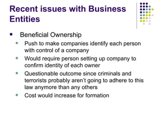 Recent issues with Business Entities Beneficial Ownership Push to make companies identify each person with control of a company Would require person setting up company to confirm identity of each owner Questionable outcome since criminals and terrorists probably aren’t going to adhere to this law anymore than any others Cost would increase for formation 