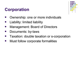 Corporation Ownership: one or more individuals Liability: limited liability Management: Board of Directors Documents: by-laws Taxation: double taxation or s-corporation Must follow corporate formalities 