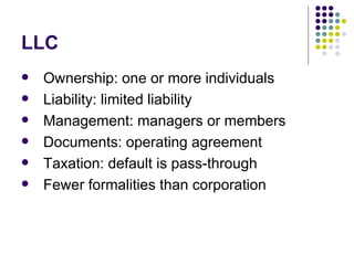 LLC Ownership: one or more individuals Liability: limited liability Management: managers or members Documents: operating agreement Taxation: default is pass-through Fewer formalities than corporation  