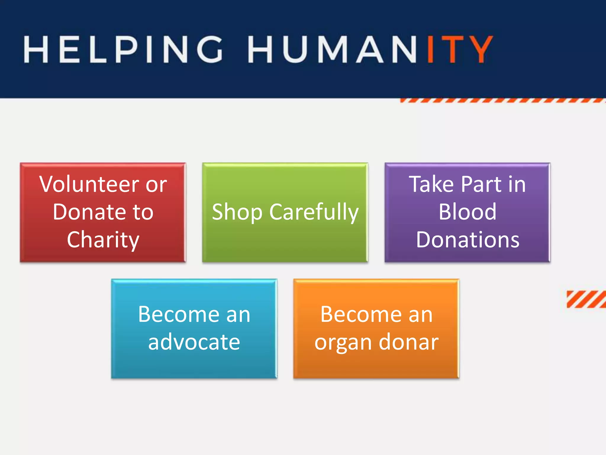 Volunteer or
Donate to
Charity
Shop Carefully
Take Part in
Blood
Donations
Become an
advocate
Become an
organ donar