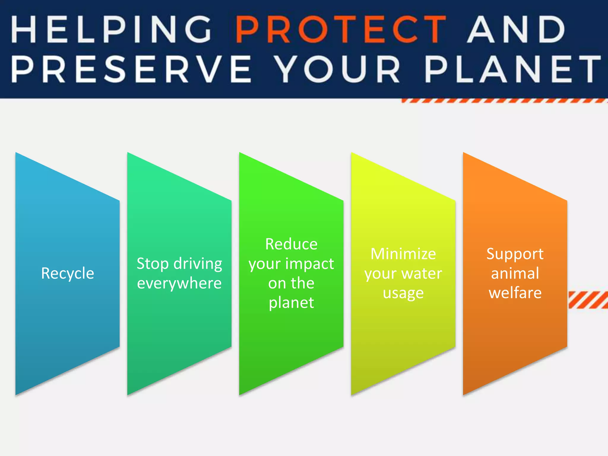 Recycle
Stop driving
everywhere
Reduce
your impact
on the
planet
Minimize
your water
usage
Support
animal
welfare