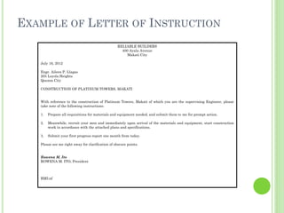 EXAMPLE OF LETTER OF INSTRUCTION
RELIABLE BUILDERS
400 Ayala Avenue
Makati City
July 16, 2012
Engr. Aileen P. Llagas
205 L...